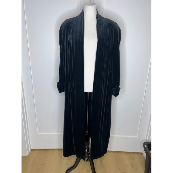 Vintage Jackets & Blazers - Vintage Velvet Duster Coat Black Long Shawl Collar Open Front Cuffed Lined L/XL